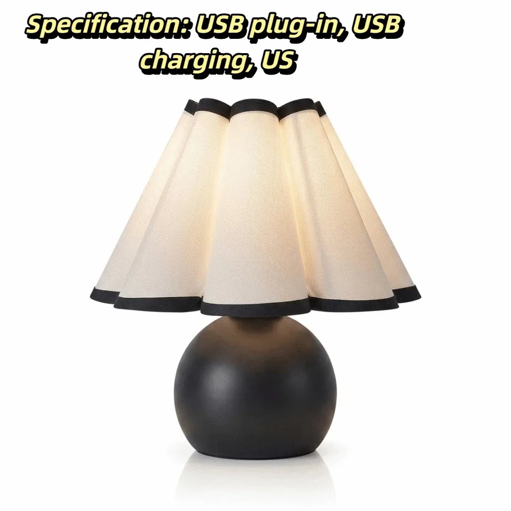 Rechargeable Bedside Lamp Walnut Wood Grain Linen Petal Shade Night Light Brass Gold Warm Ambient Lighting Pleated Bedside Lamp
