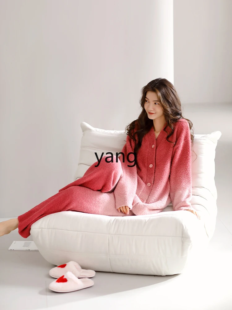 YJQ half fleece pajamas women's autumn and winter coral fleece loungewear thickened fleece warm plush gradual change