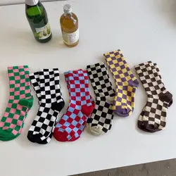 Harajuku checkerboard socks ladies hip pop streetwear cotton tube socks plaid hosiery college style Japanese trendy socks