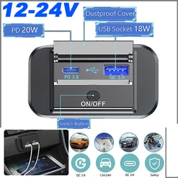 Dual USB PD Type C Quick charger Socket 12V/24V QC3.0 Power Adapter Modified Outlet With On/off button For Car Boat RV Bus
