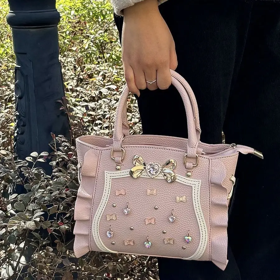 

Lolita Sweet Pink HandBags Women Beading Ruffle Bow Handle Shoulder Crossbody Bags Ladies Y2k Aesthetic Purses And Tote Bag