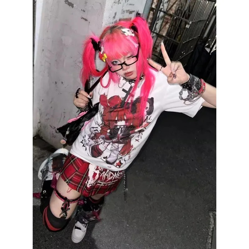 Subculture Short Sleeve T-shirt Y2k Rock Punk Female Popular Summer 2024 Harajuku Top Women Japanese White Cartoon Print Tees