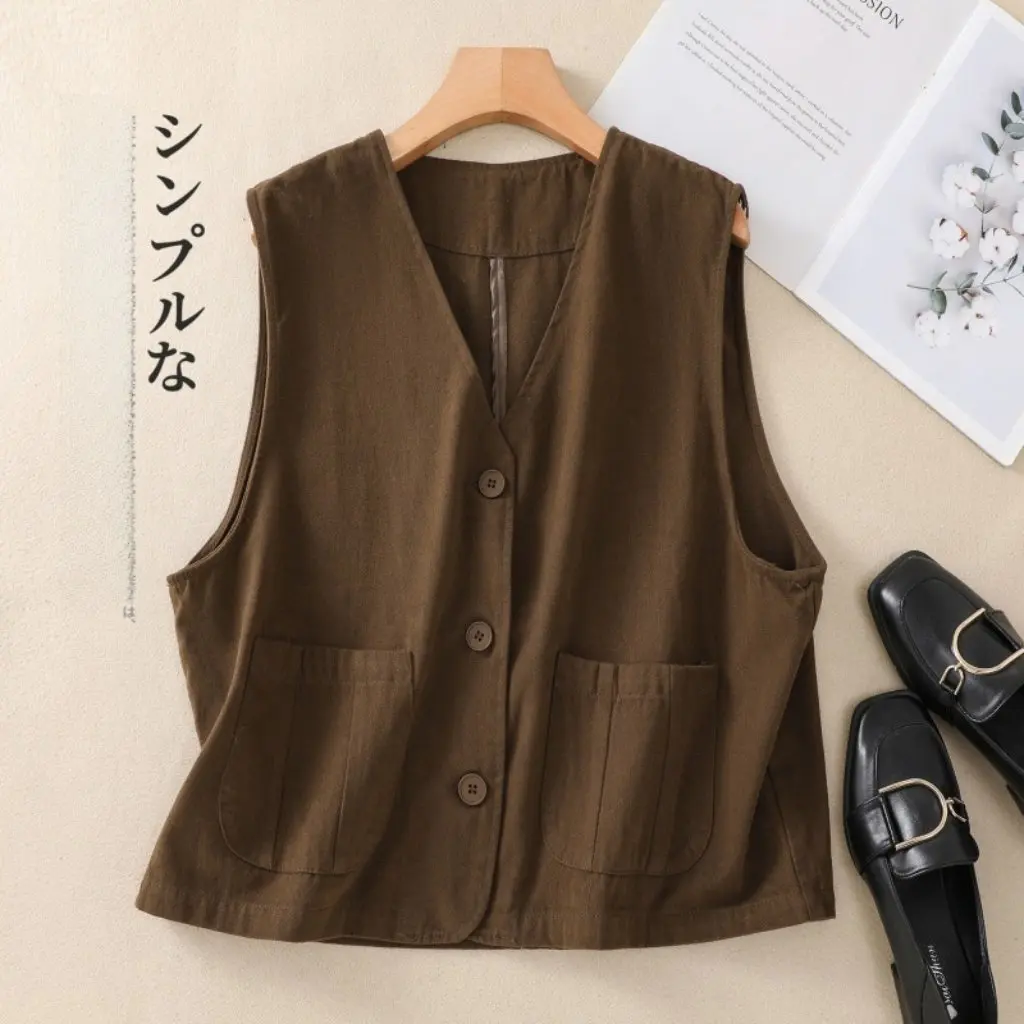 

Женский литературный жилет в стиле ретро с v-образным вырезом, двусторонний чесаный хлопок с большим клапаном, весенняя верхняя одежда, простая верхняя одежда на талии