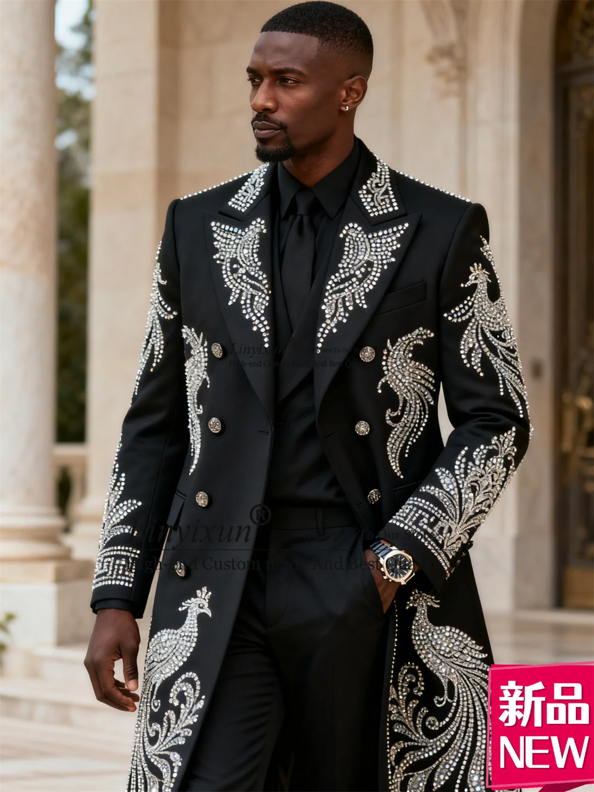 

Блестящие смокинги со стразами и кристаллами, мужской костюм, мужские пиджаки для жениха, длинные пальто, брюки, комплекты из 3 предметов, свадебные Ropa hombre