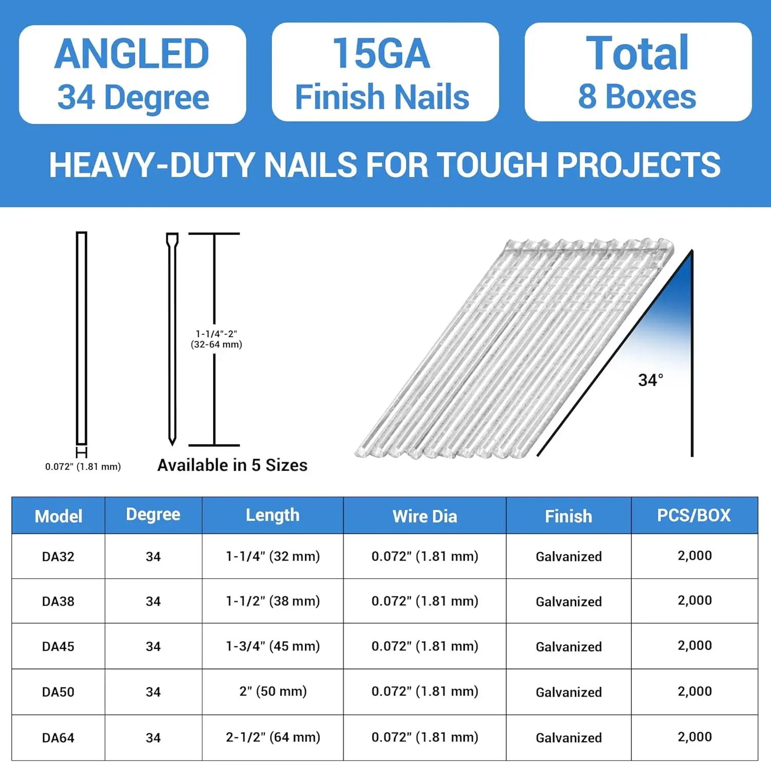 15 Gauge Angled Finish Nails, 1-1/2-Inch 34 Degree DA Series Galvanized Finishing Nails for Nailer Guns - Perfect for WindowTrim