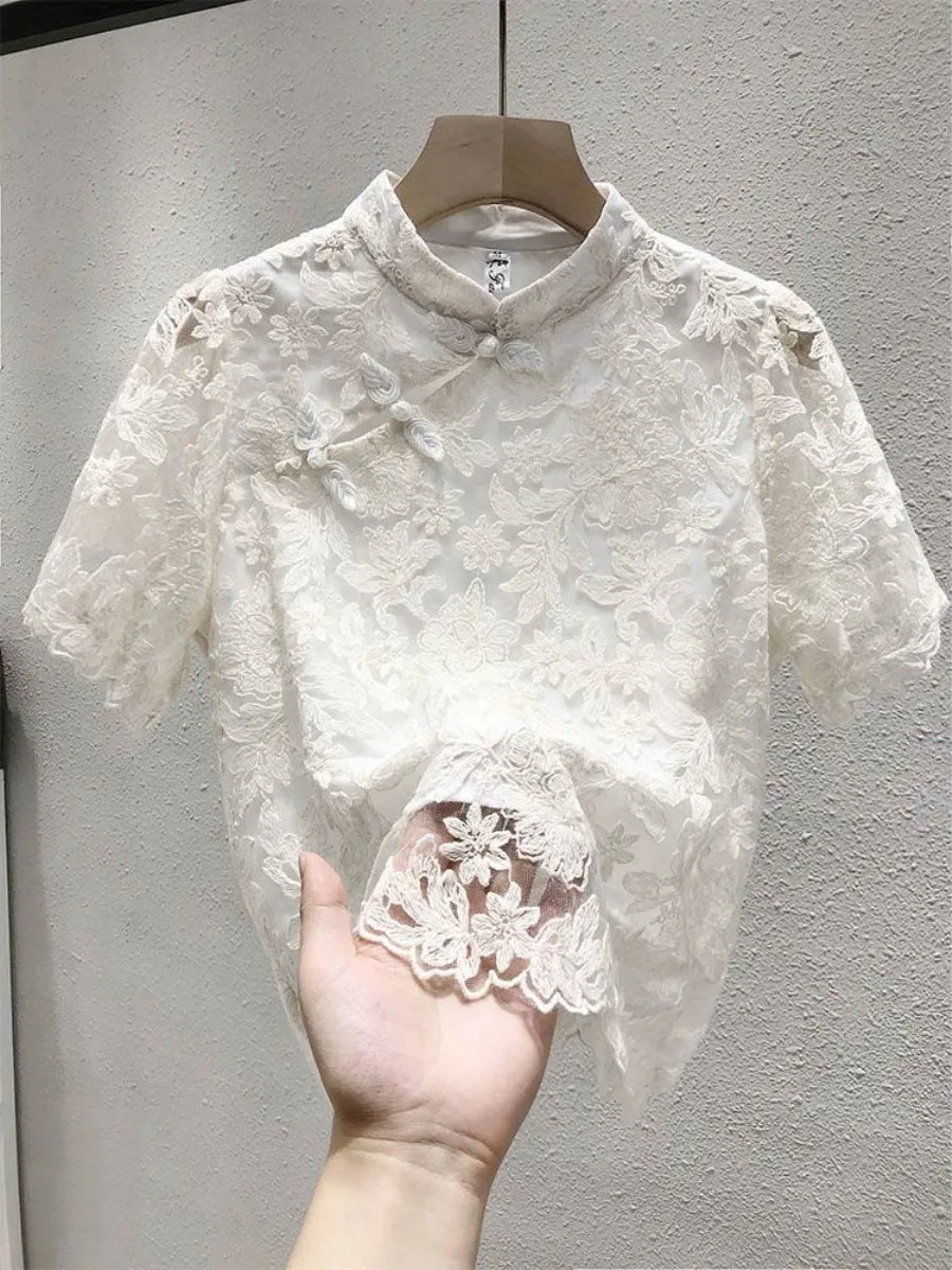 conjunto-feminino-de-verao-com-camisa-de-chiffon-de-manga-curta-e-saia-detalhes-em-renda-botoes-estilo-chines-Etnico-fino