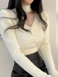 Single Breasted Elegant Sweaters Women Jumper Y2k Halter Crop Tops Slim Casual Knit Korean Fashion Pull Femme  Top Sueter