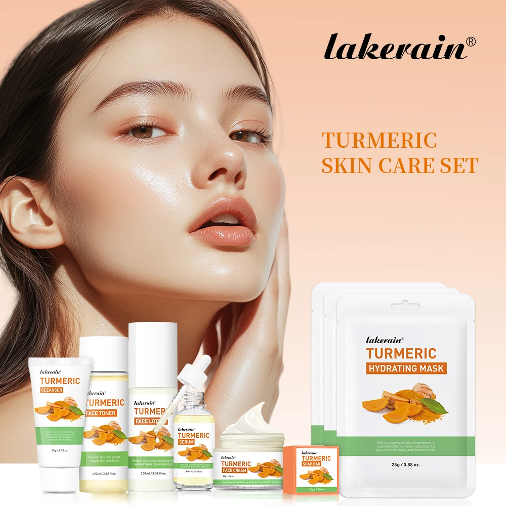 Brightening Turmeric Skin Care Set Cleanser Toner Serum Face Cream Mask Moisturizing Nourishing Hydrating Daily Facial Care Kit