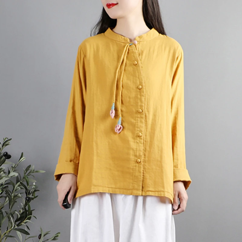 100% Cotton Women Long Sleeve Casual Shirt New Arrival 2025 Vintage Style Stand Collar Solid Color Female Tops Shirts M1763