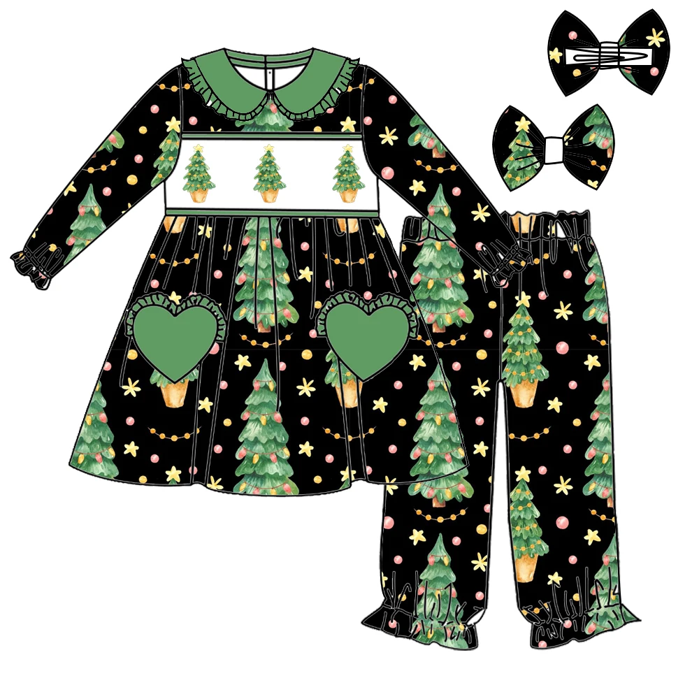 

Boutique Christmas children's suit green Christmas tree print short sleeve long pants boys girls pajamas suit customized
