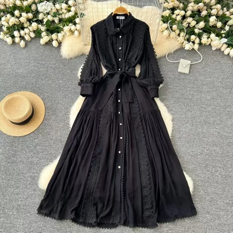 

French Elegant Dress Women's Lace Spliced Long-sleeve Party Maxi Dresses Spring Summer Single-breasted Lace-up A-line Dresses