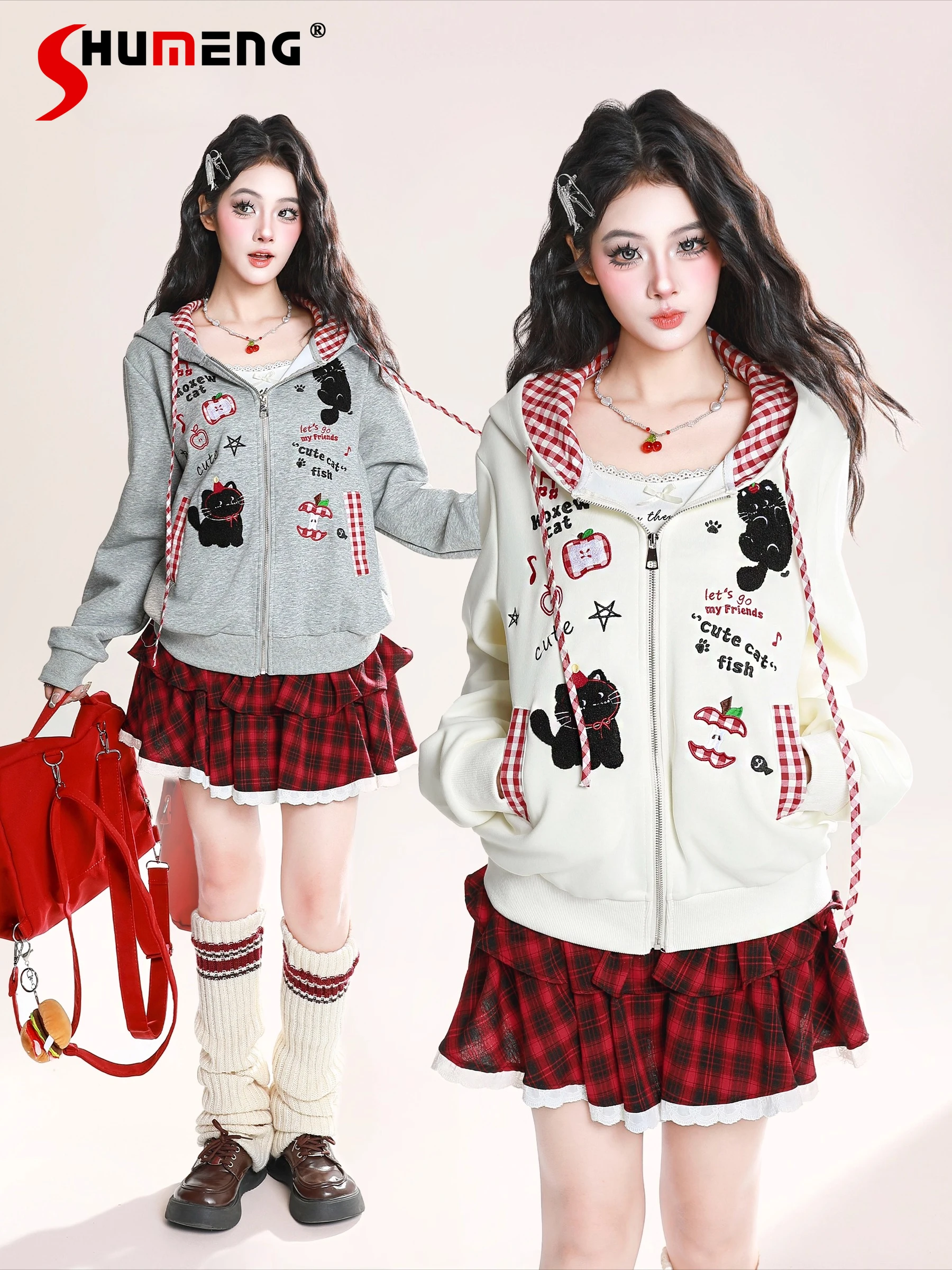 

American Style Fashion Retro Cartoon Embroidery Plaid Patchwork Hoodies Lazy Casual Loose Zipper Sweatshirt Jacket Women Autumn