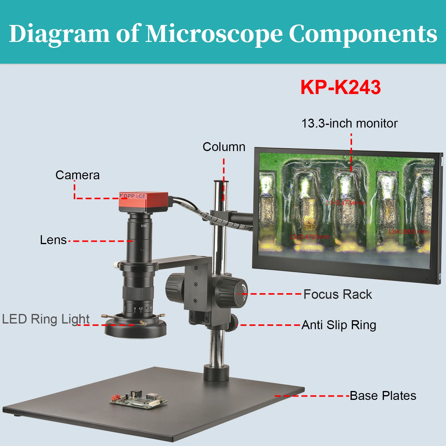 KOPPACE 11X-85X HD Industrial Electron Microscope 13.3 Inch Monitor 4K Camera can be Connected to a Computer for Measurement and