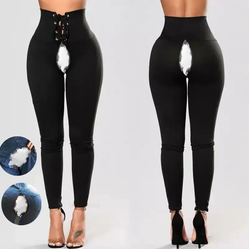 

Sexy Invisible Open Crotch Outdoor Sex Pants High Waist Jeans Peach Butt Push Up Leggings Trousers Denim Women Exotic Hotpants