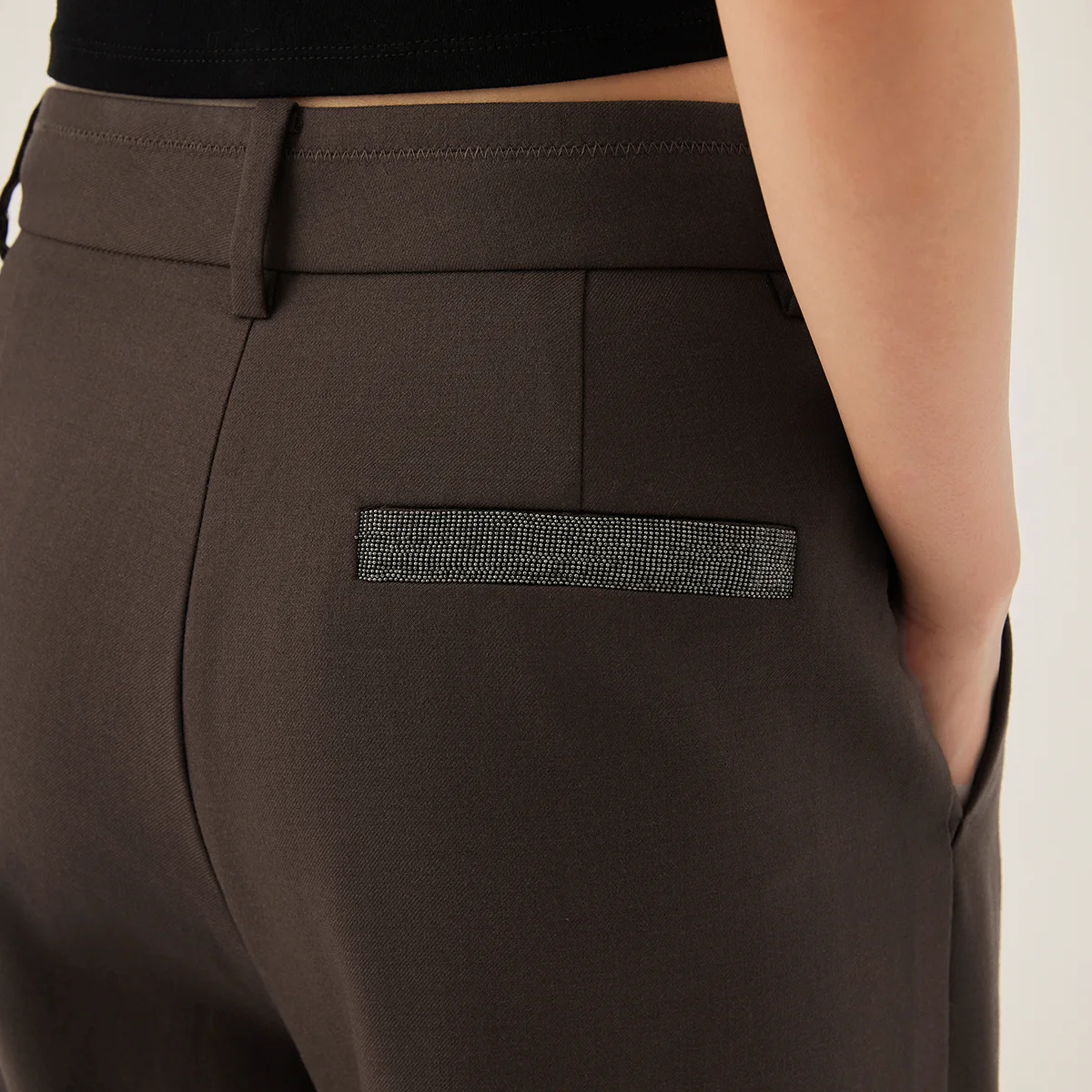 KL9523416 بنطال عالي الخصر واسع الساق من مزيج الصوف للنساء بنطال أمامي مطوي مع جيب #4