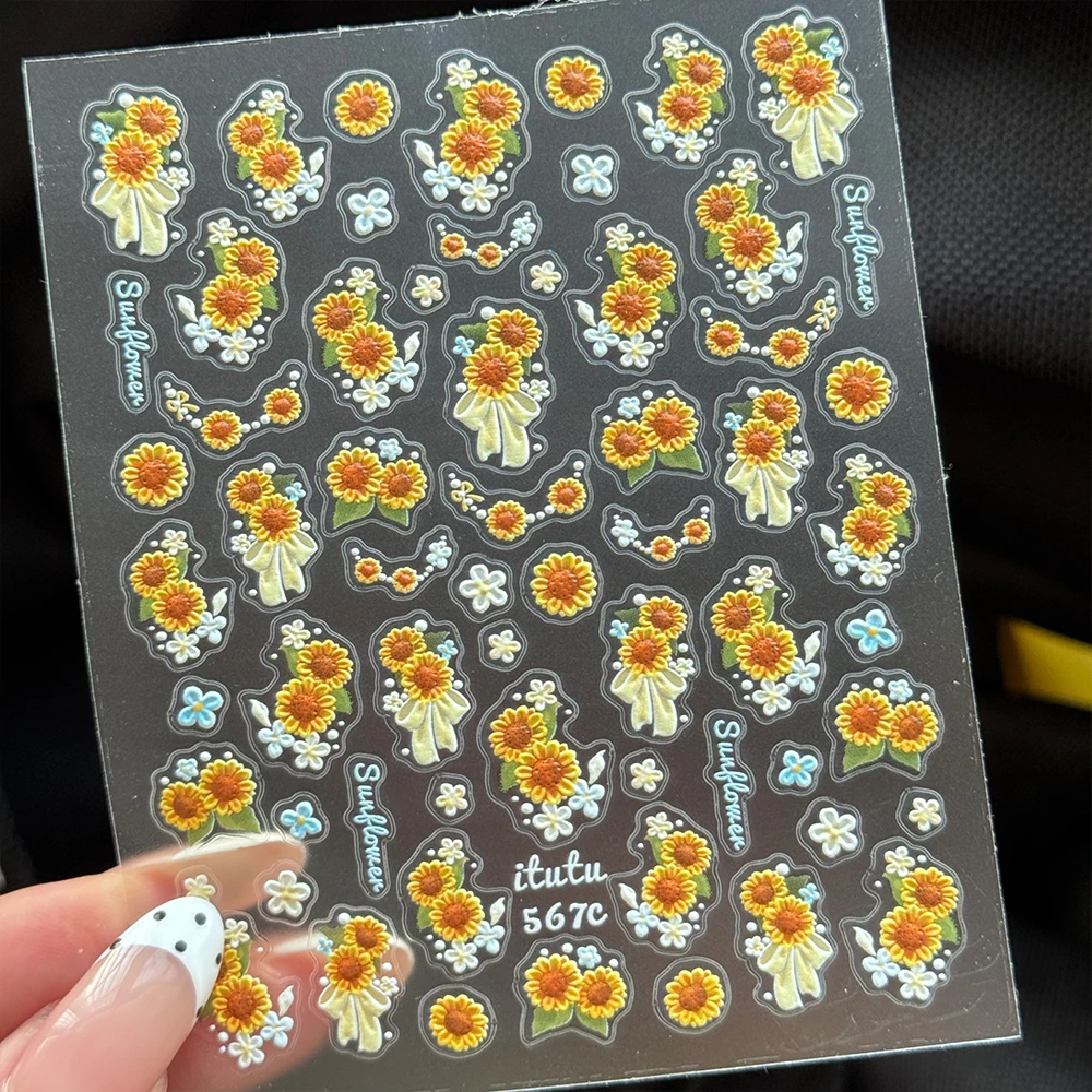 5D Embossed Sunflower Daisy Nail Sticker Flower French Ribbon Bow Manicure Decals Oil Painting Sunflower DIY Nail Art Decoration