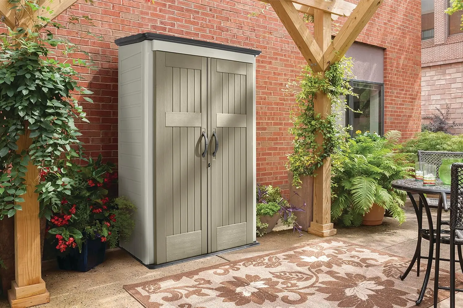 

Vertical Resin Outdoor Storage Shed With Floor (4 x 2.5 Ft) Weather Resistant Beige/Brown Organization for Home/Backyard