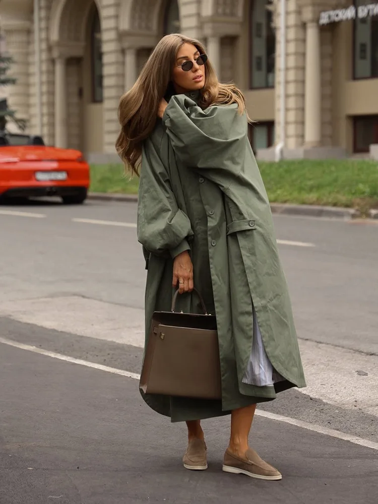 European Ladies Solid Stand‑Collar Single‑Breasted Lantern‑Sleeve Loose Slit Long Trench Coat For Autumn Daily Outfits