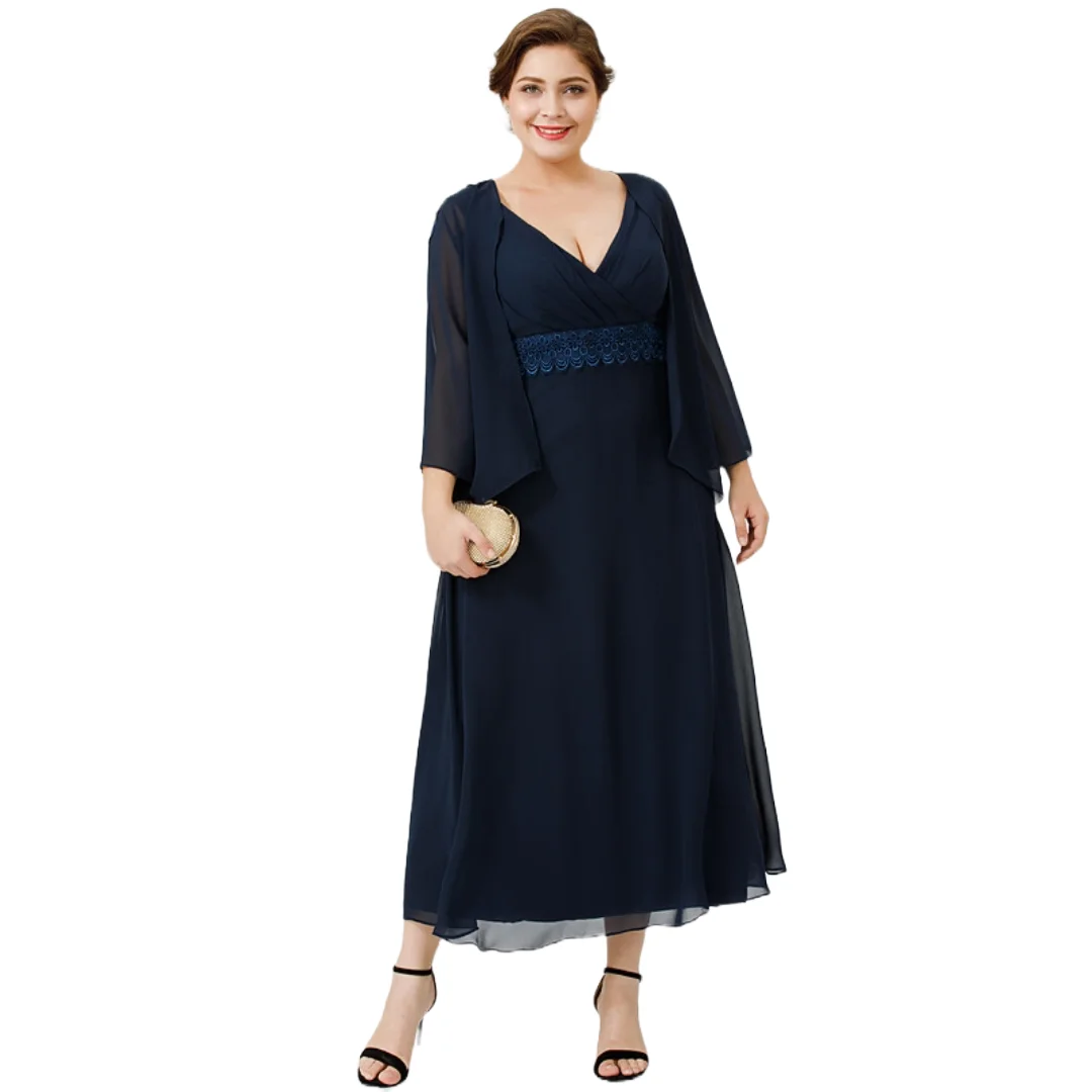 Customized Plus Size Mother of the Bride Dress Navy Chiffon Ankle Length with Sheer Capelet Lace Waist Wedding Attire for Women