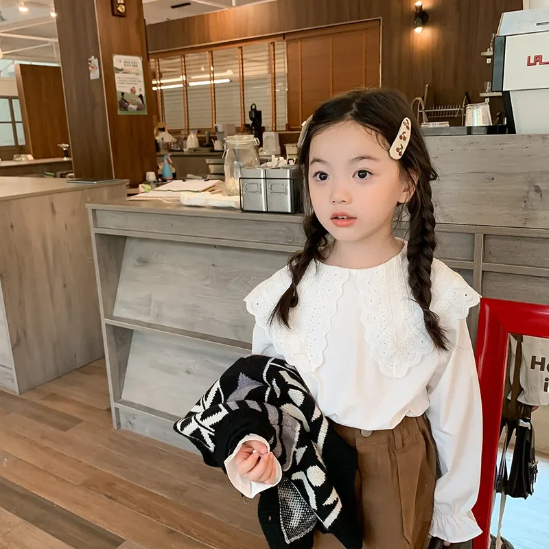 Children Clothes White Shirt Top 2024 Autumn Girls Sweet Large Lace Lapel Solid Color Long Sleeve Casual Simple Kids Shirt