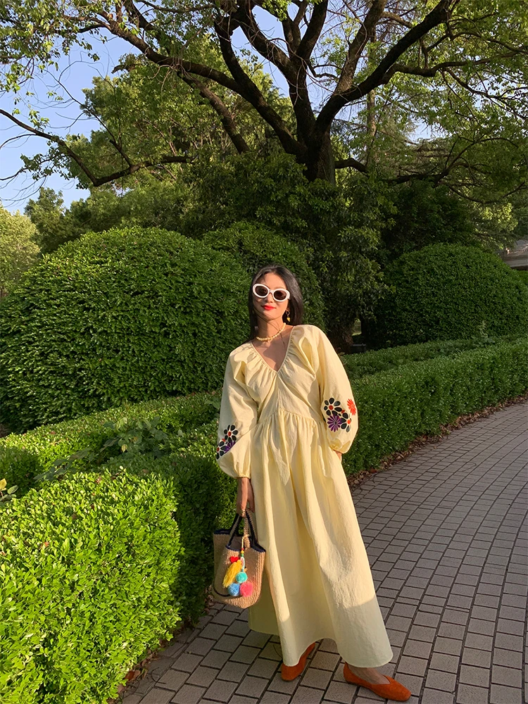 

Ele Long Sve Embroidered Waist Cinched Bal Dr Women's Faion Casual Sle Cotton Blend Spring Summer New Arrival