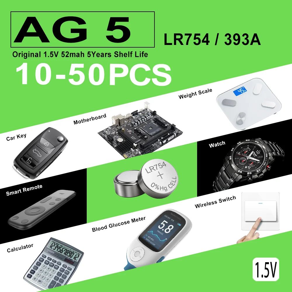 10-50PCS LR754 AG5 393  SR754  193  LR48 1.5V lithium manganese dioxide button battery, suitable for calculators, watches