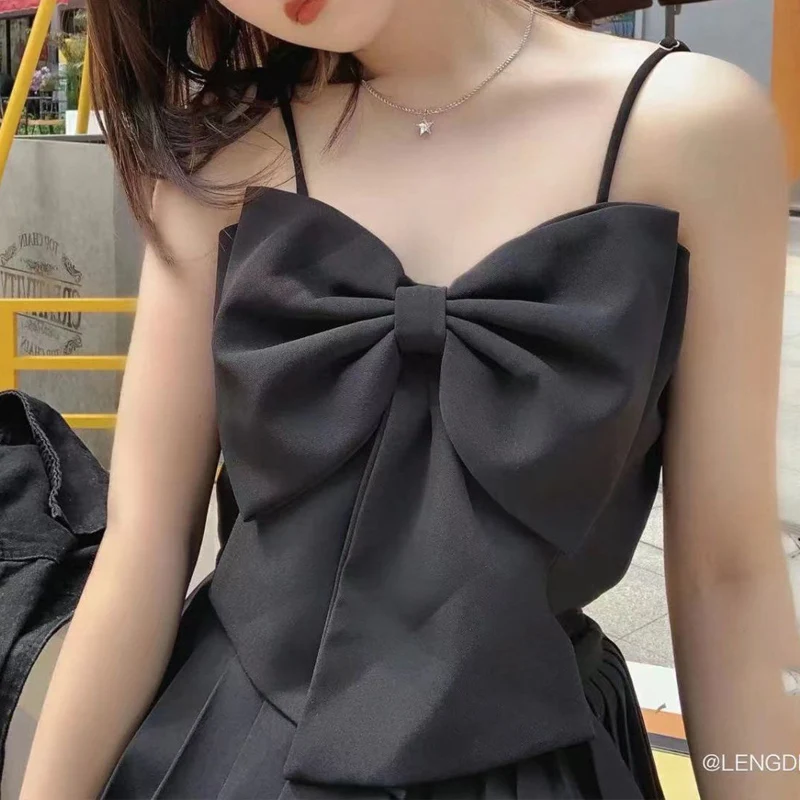 Summer New Solid Color Sleeveless Bow Sexy Sling Women American Style High Street Fashion Y2K Street Nightclub Ventilate Tops