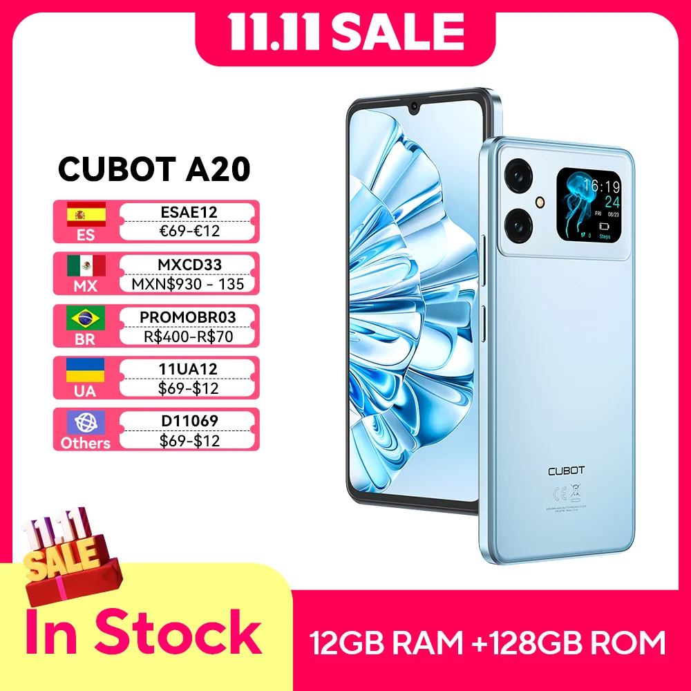 Cubot A20, Smartphone Android 14, 12GB (4GB+8GB Extend) RAM+128GB ROM, 90Hz 6.745-inch HD+ Display, 5100mAh, 48MP Camera,Face ID