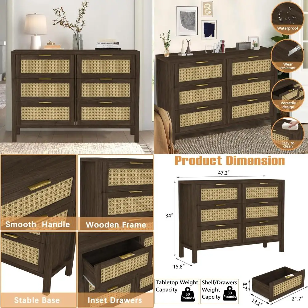 خزانة بلوط أنيقة ذات 6 أدراج مع مقابض ذهبية لغرفة النوم والممر