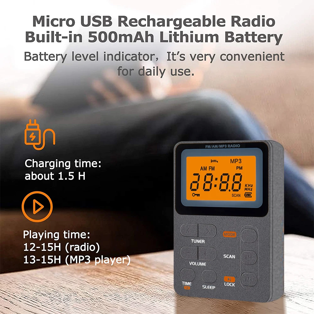 Radio Saku AM/FM Radio Portabel Mini Penyetelan Digital Radio Walkman dengan Earphone Stereo LED Pemutar Musik MP3 Langsung