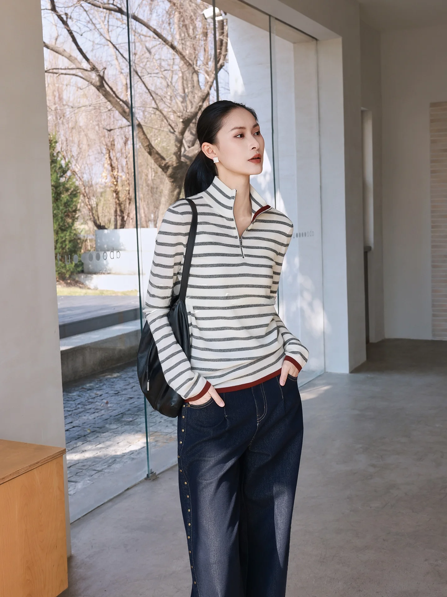 

Spring ort Svel Woolen T-irt Women's f Zipper Crew Ne Striped Pullover Top Casual Sle Slim Fit Breathable