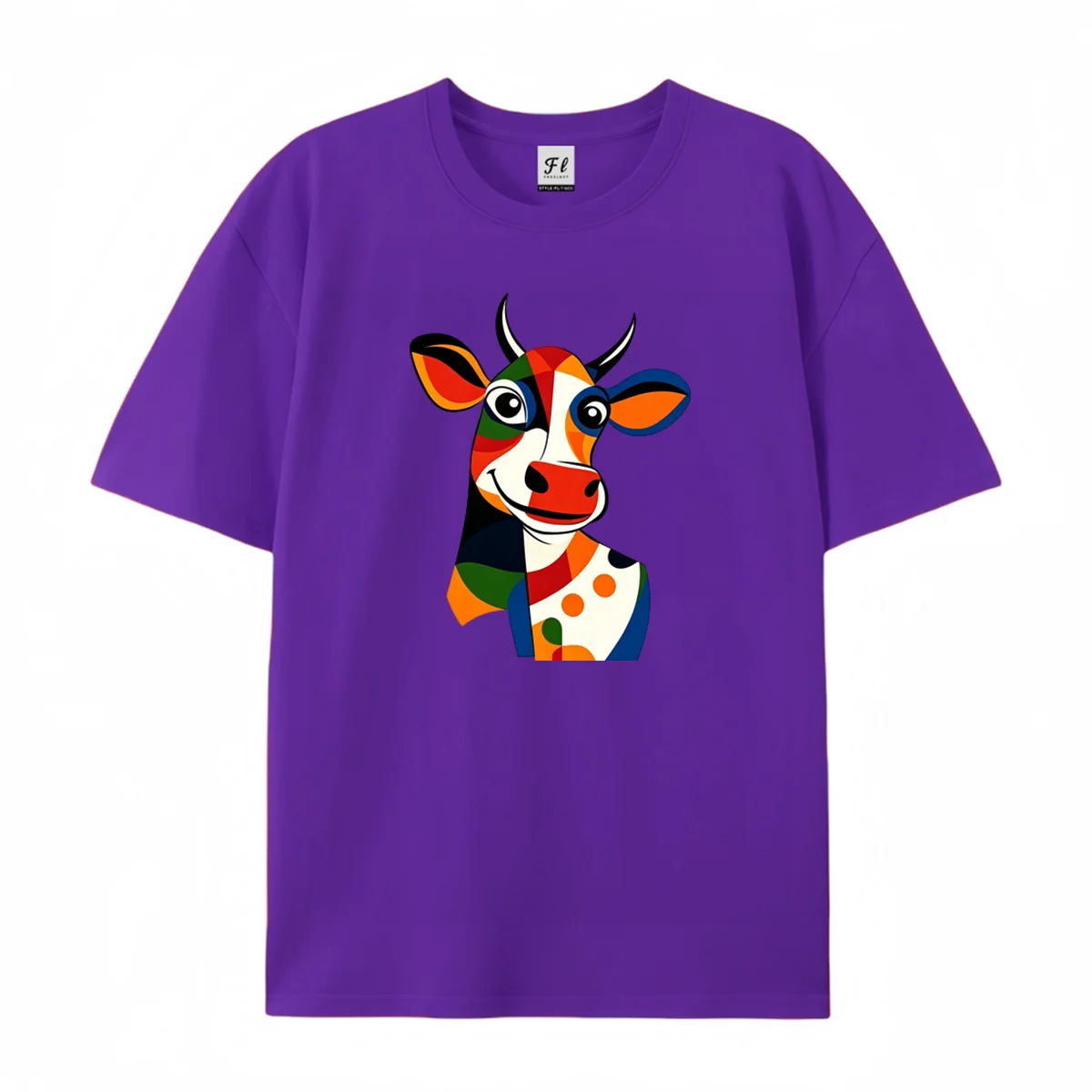 Colorful Geometric Cow Head Graphic T Shirt Unisex Summer O Neck Short Sleeve Abstract Art Print Soft Cotton Tees For Men Women