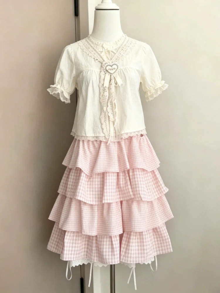 

Summer New Japanese Sweet Elegant Loose Women 2 Piece Set Casual Kawaii Tops + New High-waist Pink Plaid Lovely Long Cake Skirt