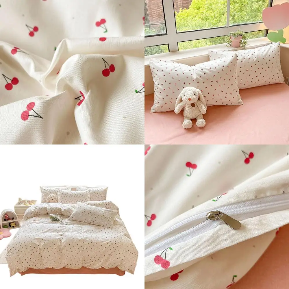 

Комплект хлопкового пододеяльника размера «queen-size» с красной вишней, мультяшным стилем Kawaii, полной молнией, 2 наволочки для детей и взрослых