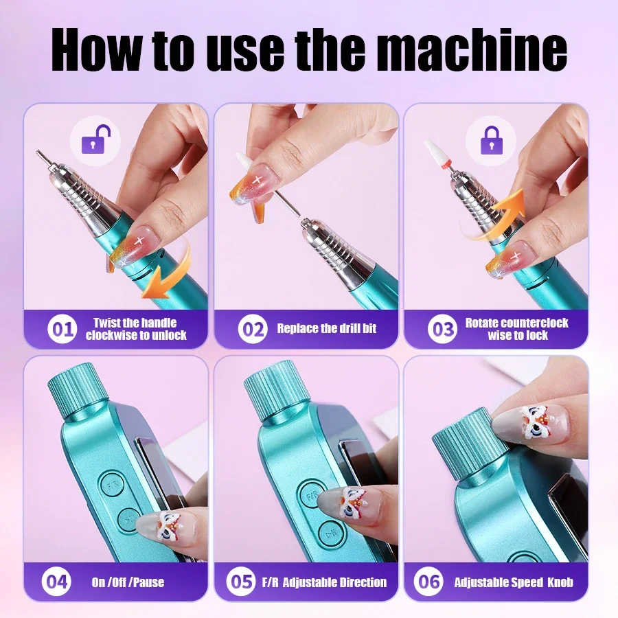 45000RPM Nail Drill Machine Rechargeable Nail File Nails Accessories Gel Nail Polish Sander Professional Manicure Set for Salon