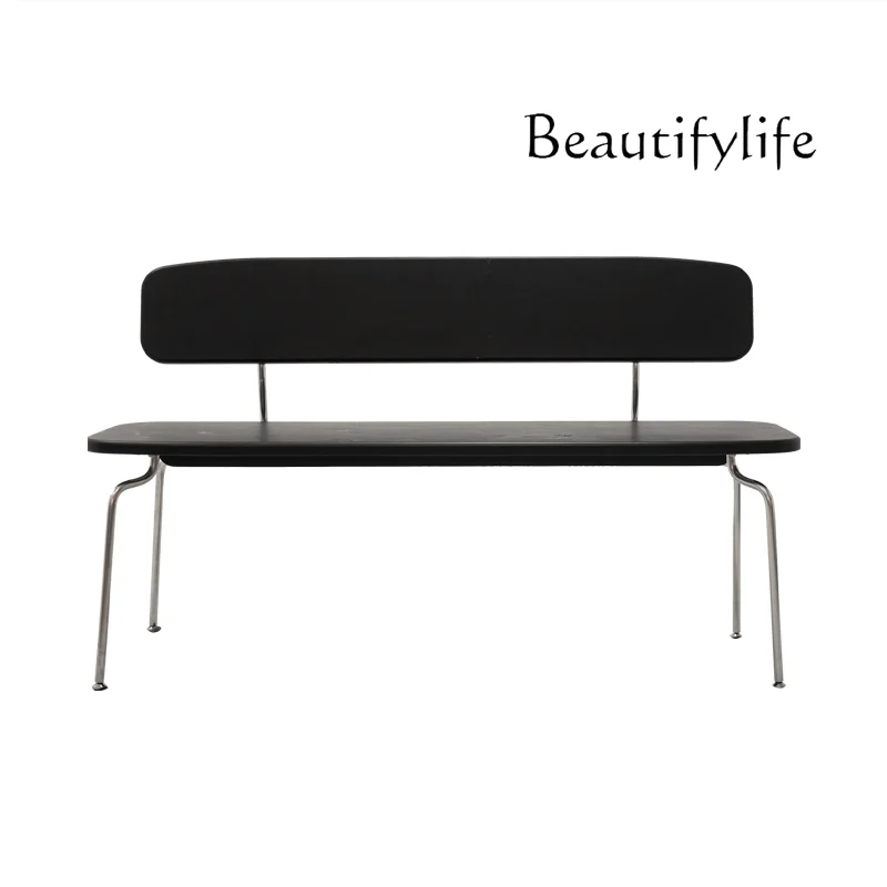 

Bench Nordic Japanese Style Light Luxury Retro Solid Wood Stainless Steel Living Room Backrest Bench