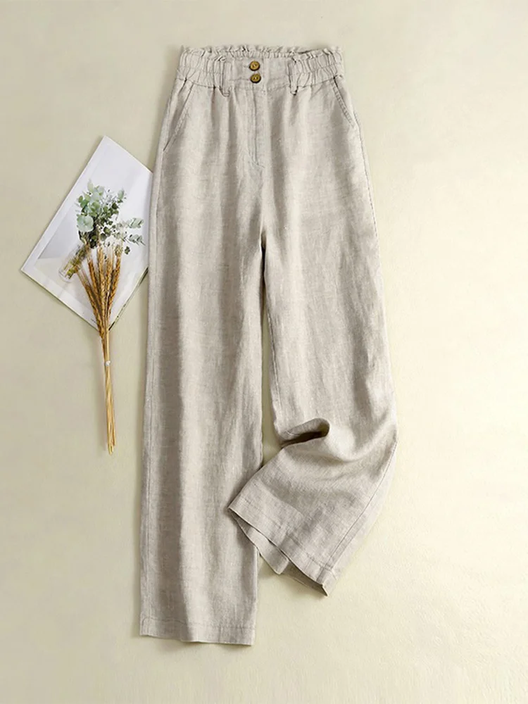 Casual Wide Leg Cotton Linen Trousers High Waist Straight Cut Long Pants for Women Artistic Commute Style Summer Season