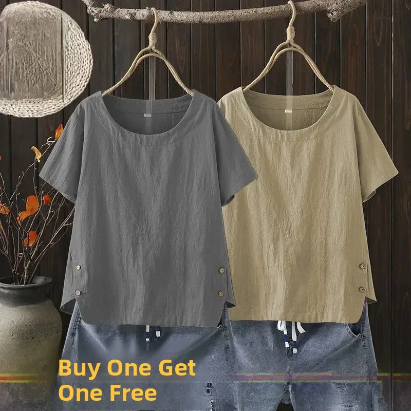 Pure Cotton round Neck Short Sleeve Base Shirt Women's Casual Top Retro Artistic Style Summer Collection Comfortable Fit T-shirt