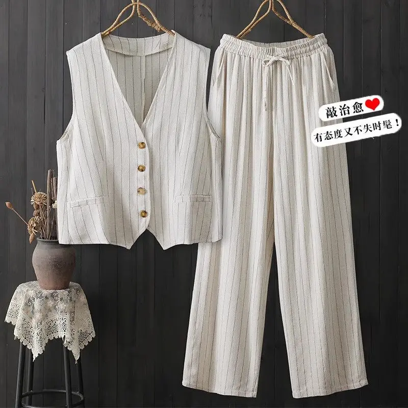 

2025 New Chinese Style Women's Summer Striped Sleeveless Vest Jacket & Wide Leg Pants Set Loose Fit Casual Elegant Outfit G494