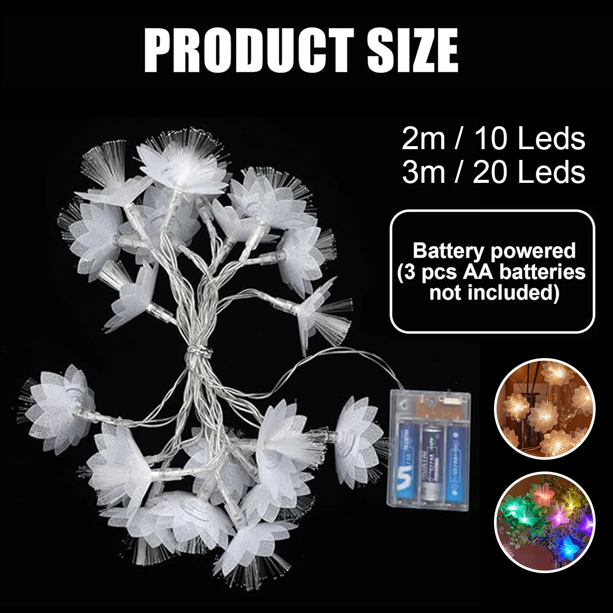 2m/3m Led Fibra Óptica Flores Luzes Fairy Light Decoração Corda Ao Ar Livre Para Quarto Casamento Cobre Paisagem Bateria Férias