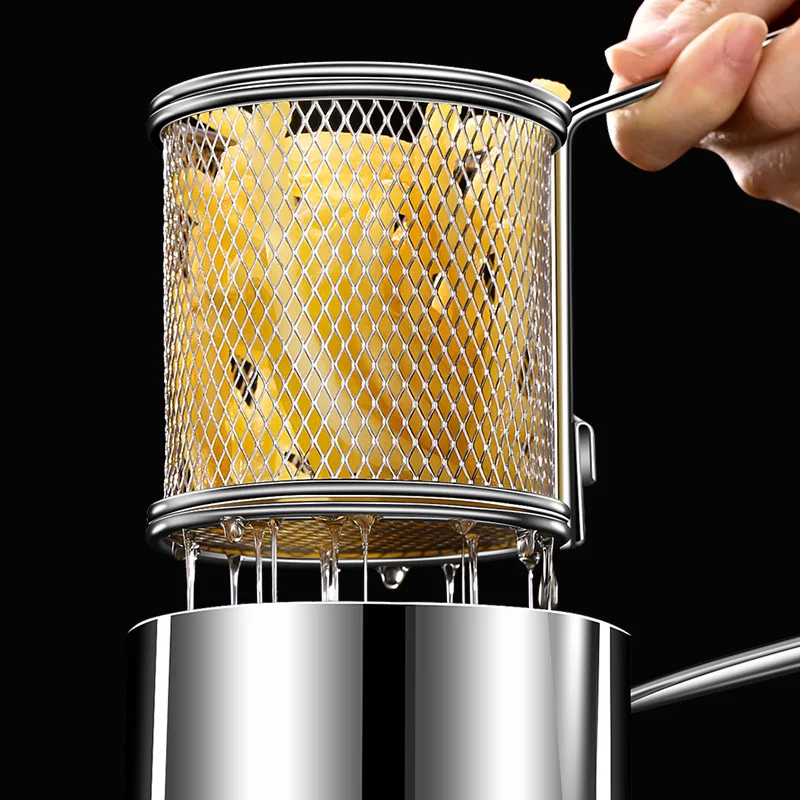 Deep-fried household 304 stainless steel kitchen oil-saving mini fryer tempura with filter screen deep-fried small deep pan