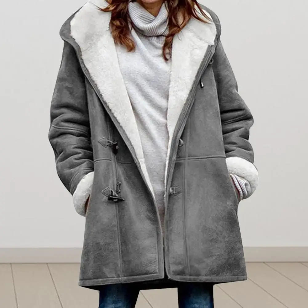 Winter Lady Hooded Coat Thicken Fleece-lined Faux Suede Outerwear Mid Length Thermal Long Sleeve Casual Jacket Women's Clothing