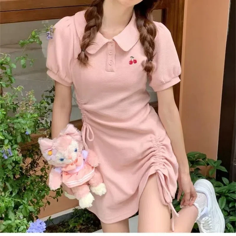 Korean Peter Pan Collar Fashion Solid Color Sweet Summer Short Sleeve Slim Draw Rope Hotsweet Bag Hip Knee Skirts Fairy Dress