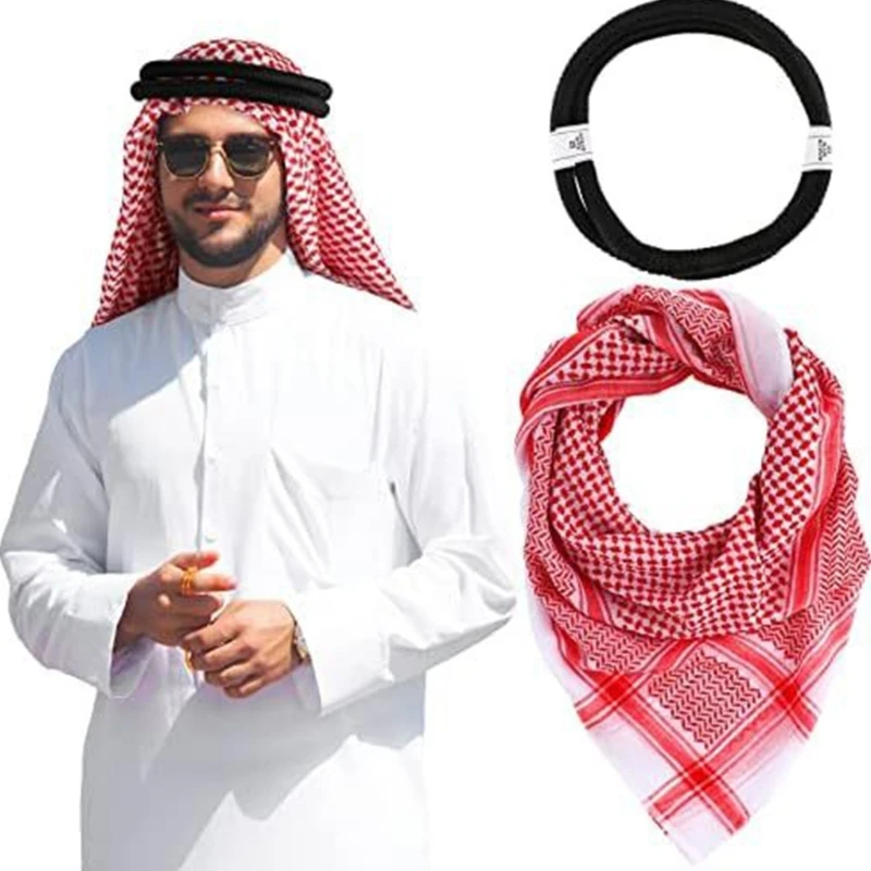 Multipurpose Arab Desert Scarf with Headscarf Rope Religious Men Keffiyeh Scarf Shawl for Daily Outfits Outdoor Activities