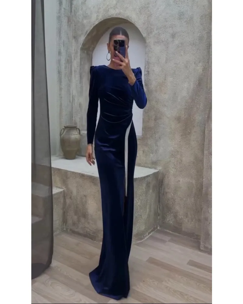 Mikydely Autumn New Slim With Slit, Long Sleeve And One-Line Collar Dress Elegant Evening Dress