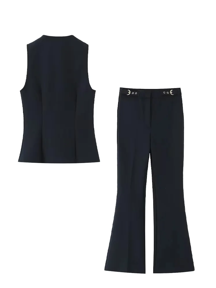 HH Zomer Effen Satijn Textuur 2 Delige Set Vrouwen Chic Mouwloze V-hals Gesp Decoratie Top Vest + Hoge Taille Bell-bottoms