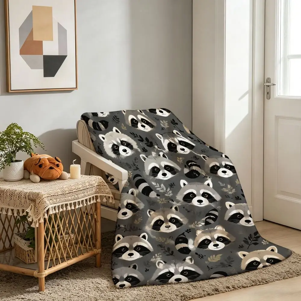 Cozy Fleece Throw Blanket with Playful Raccoon Pattern Soft Warm Decorative Bedding for Bedroom Living Room Sofa Couch Perfect Gift for Friends Family And Home Decor