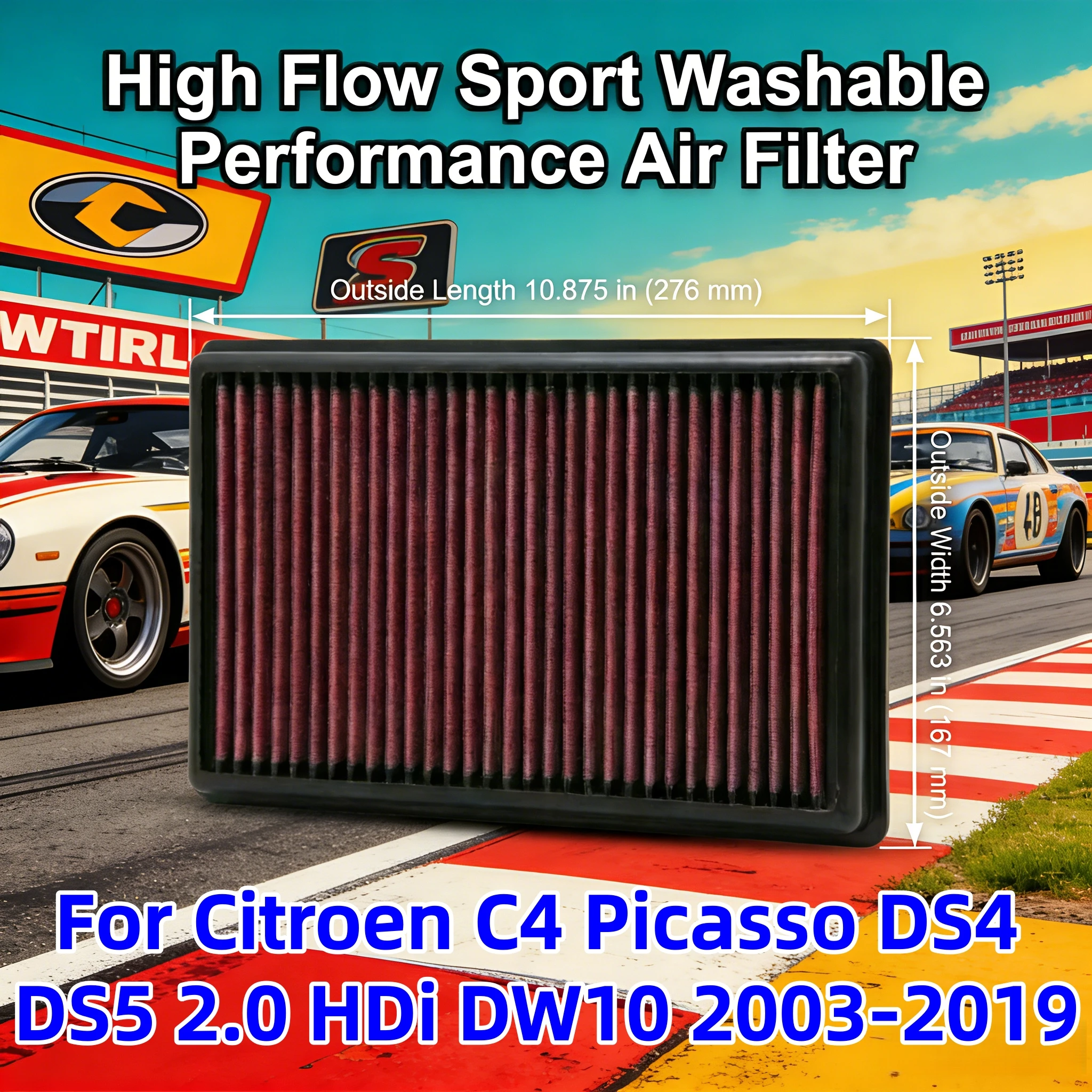 For Citroen C4 Picasso DS4 DS5 2.0 HDi DW10 2003-2019 High Flow Sport Washable Performance Air Filter 33-2998 OEM:1444QP
