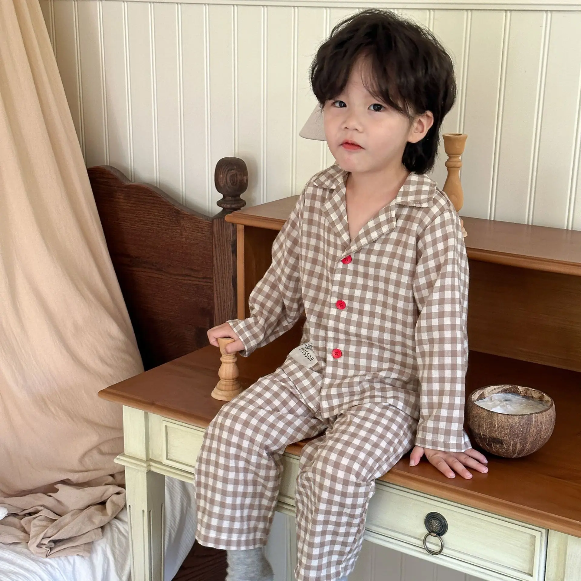 Children clothing cotton soft comfortable plaid pajamas set 2024 new spring fall boys girl fashion casual long sleeved home wear