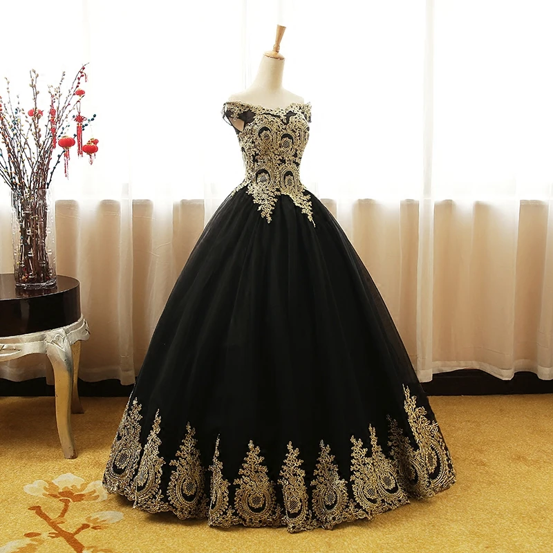 Maßgeschneiderte schwarze Quinceanera-Kleider aus der Schulter, goldene Applikationen, Vestidos De Gala Largos, Abendkleid, Maskerade-Ballkleider